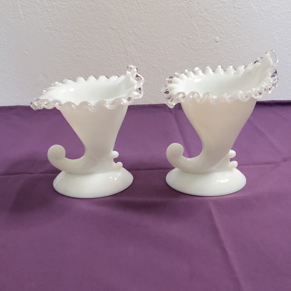 Vintage Fenton Milk Glass Pair Silver Crest Cornucopia Candle Holder